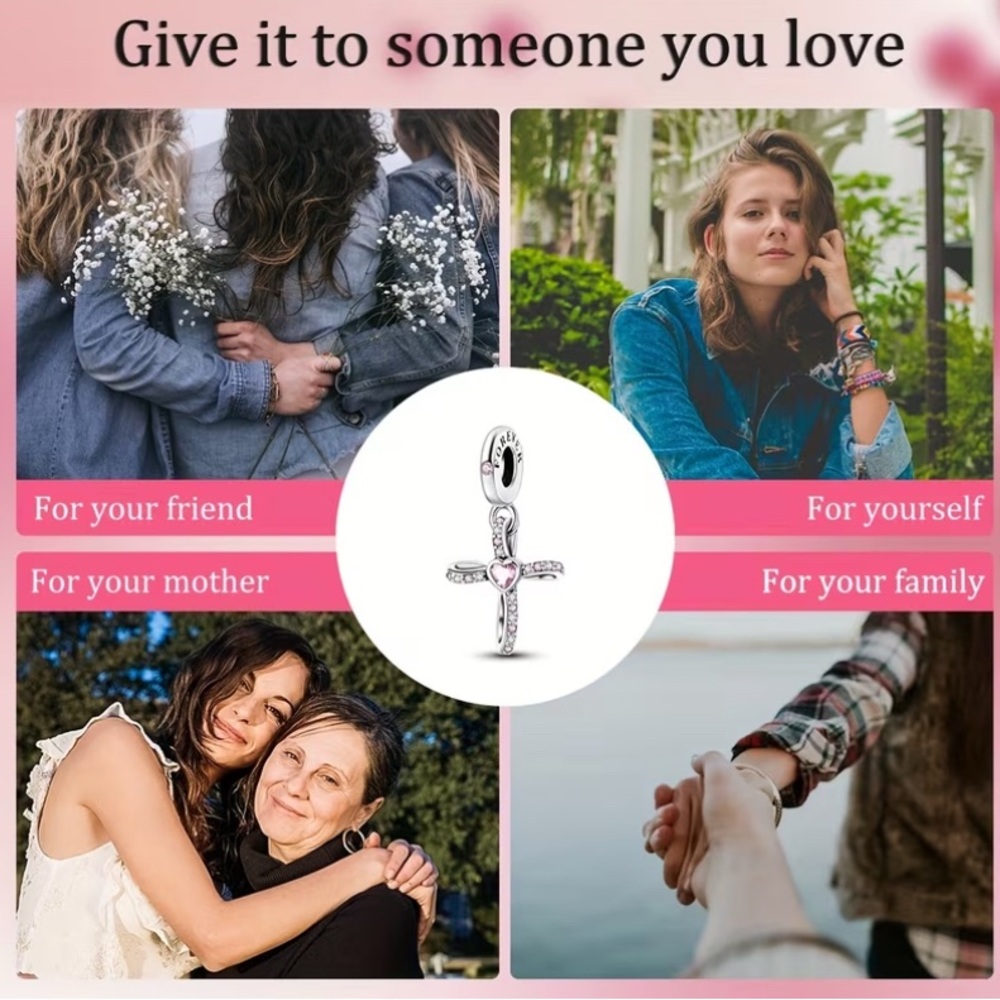 Sterling Silver 925 Pandora Cross Charm Pendant with Pink Heart & Gem Accents. - Picture 7 of 9